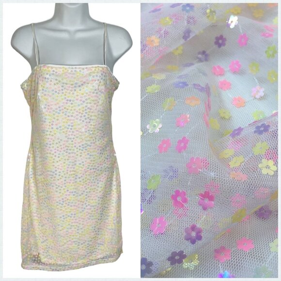 American Threads Sequin Slip Dress Iridescent White Flower Sequin Medium - Picture 1 of 12